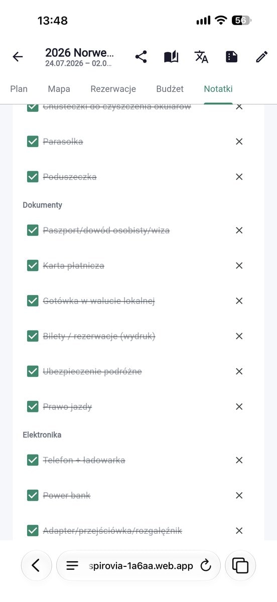 Lista przed wyjazdem w aplikacji Inspirovia, wszystkie pozycje odhaczone